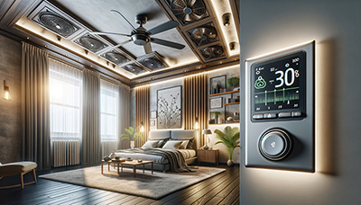 A stylish modern living room showcasing efficient heating and cooling technologies, featuring ceiling fans and a digital thermostat providing comfort and energy savings